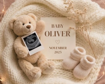 Neutral Teddy Bear Baby Announcement • Digital Baby Announcement • Editable Canva Template • Instant Download, Social Media Pregnancy Reveal