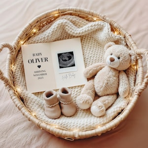 Faire-part de grossesse bébé douillet, faire-part de bébé bohème minimal, révéler bébé médias sociaux non sexiste, modèle de toile, ours en peluche