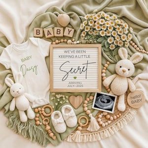 Schwangerschaftsankündigung Digital, Babyankündigung, bearbeitbare Boho Schwangerschaft enthüllen, geschlechtsneutrale Baby offenbaren, Canva-Vorlage, Daisy Bunny