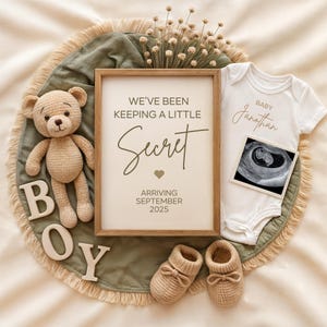 Annuncio di gravidanza digitale per un bambino, modello verde neutro per annuncio di gravidanza per un bambino, annuncio modificabile sui social media tramite Canva, bambino maschio