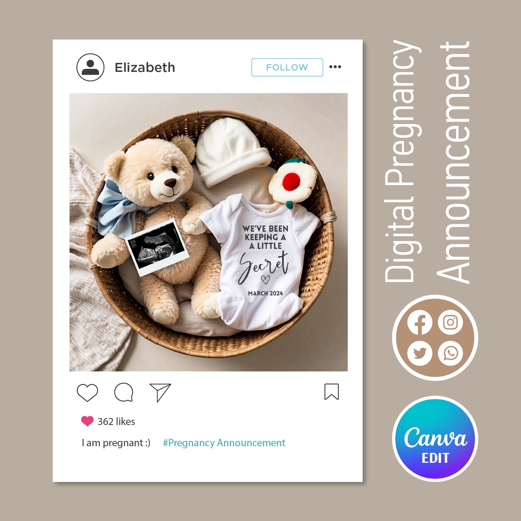 Secret Baby Announcement Canva Template, Cozy Nursery Reveal Design