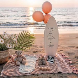 Surf’s Up Baby Announcement, Beach Sunset Flat-Lay with Surfboard & Balloons, Canva Template • Instant Download, Digital Pregnancy Announce