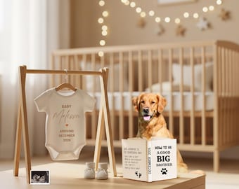 Puede incluir: Un body de bebé color crema con el nombre "Melissa" y "Llegada diciembre 2026" impreso, colgado en un estante de madera. Un golden retriever está sentado junto a un libro titulado "Cómo ser un buen hermano mayor".