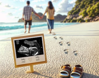 Beachside Pregnancy Announcement Canva Template - &#39;Baby Steps to Parenthood&#39; with Ultrasound & Baby Shoes Design, Custom Baby Announcement