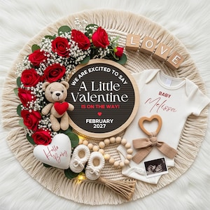 Valentine Digital Pregnancy Announcement, February Baby Announcement, Little Valentine On The Way Gender Neutral, Boho Baby Canva Template