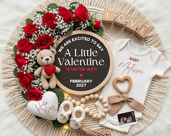 Valentine Digital Pregnancy Announcement, February Baby Announcement, Little Valentine On The Way Gender Neutral, Boho Baby Canva Template