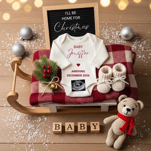Kerstbabyaankondigingssjabloon, neutrale digitale zwangerschapsonthulling, bewerkbare canva-aankondiging sociale media, I'll be home for Christmas