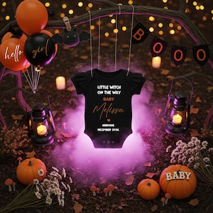 Faire-part de grossesse petite sorcière, faire-part de grossesse Halloween fille, c&#39;est une fille, faire-part de grossesse petite fille, sexe fille Canva