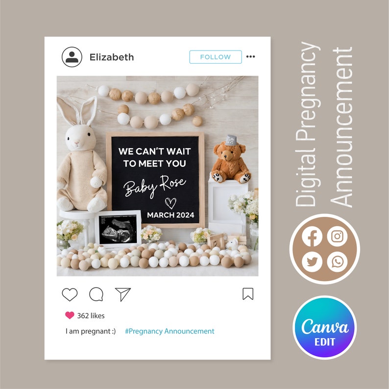 Pregnancy Announcement Digital, Baby Announcement, Editable Template