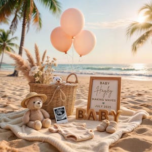 Aankondiging babymeisje strandthema Flatlay, mand zomerballonnen en gepersonaliseerd neutraal instant download, canvassjabloon, lieve baby
