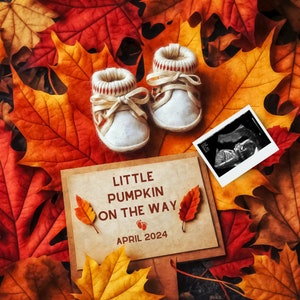 Little Pumpkin on the Way, Fall Pregnancy Announcement Template, Editable Canva Digital Download, Autumn Baby Reveal, Pregnancy Announcement