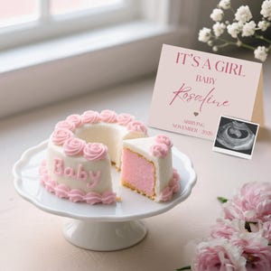 Cake Baby Girl Gender Reveal Digital Pregnancy Announcement, Vintage Heart Cake Reveal, Pink Announcement for Social Media, Canva Template