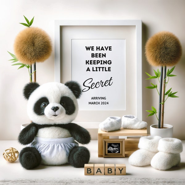 Panda Baby Announcement Canva Template - 'Little Secret' with Sonogram - Digital Editable Download, Baby Announcement, Gender Neutral Baby