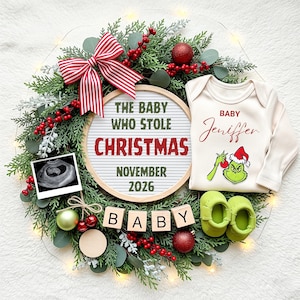 Faire-part de grossesse Noël numérique, faire-part bébé surprise drôle, thème Grinch, modèle modifiable, le bébé qui a volé Noël