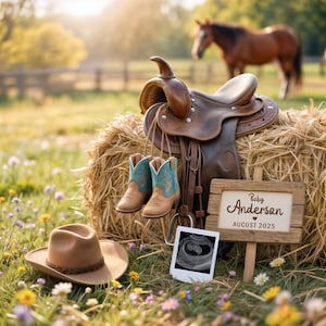 Faire-part de bébé western cowboy, modèle de toile révéler la grossesse en bottes de foin de selle, téléchargement immédiat, faire-part de grossesse numérique, cowboy