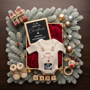 de Faire-part de Noël pour bébé | Révélateur de grossesse numérique neutre éditable Canva | Modèle modifiable, je serai à la maison pour Noël