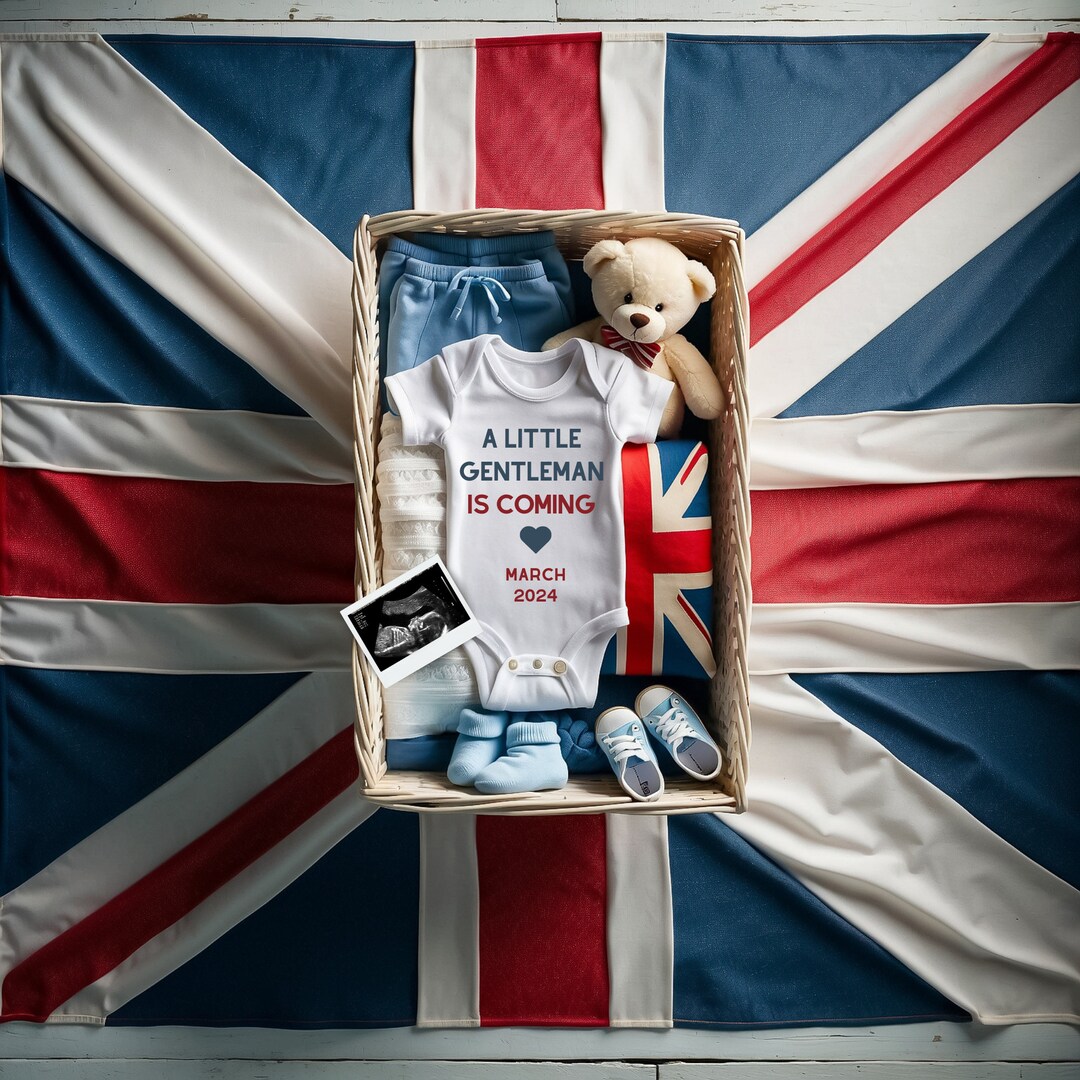 Little Gentleman on the Way, British Themed Baby Announcement, Union Jack Newborn Reveal