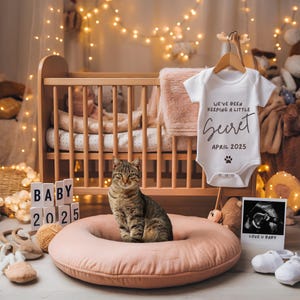 Modèle d'annonce de grossesse, toile éditable, faire-part de bébé sur le thème des chats, faire-part de grossesse personnalisé, chambre d'enfant confortable révéler Design, chat modifiable
