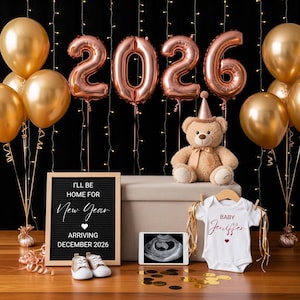 New Year Baby Announcement Template | Neutral Digital Pregnancy Reveal Canva Design | Editable Social Media Baby Announcement for 2026
