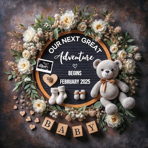 Annuncio di gravidanza neutro digitale, annuncio di nascita di un orsetto di peluche, social media Facebook Instagram, modello modificabile, la nostra prossima avventura