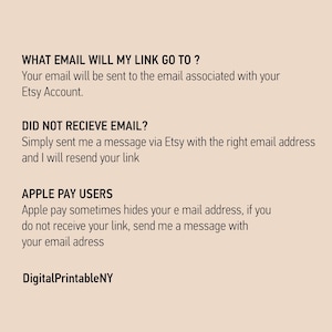 Puede incluir: Impresi&oacute;n digital con texto sobre un fondo beige. El texto aborda preguntas sobre la entrega de correo electr&oacute;nico para compras de Etsy, incluidos los usuarios de Apple Pay. El nombre de la tienda, DigitalPrintableNY, est&aacute; en la parte inferior.