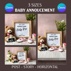 Pregnancy Announcement Digital, 3 Sizes, Baby Announcement, Editable Template, Baby Reveal, Digital Pregnancy Announcement, Canva template