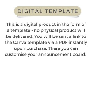 Puede incluir: Una plantilla digital para una pizarra de anuncios. La imagen presenta el texto "DIGITAL TEMPLATE" en un rect&aacute;ngulo redondeado. El texto de abajo explica que el producto es una plantilla digital, entregada por PDF, para personalizar.