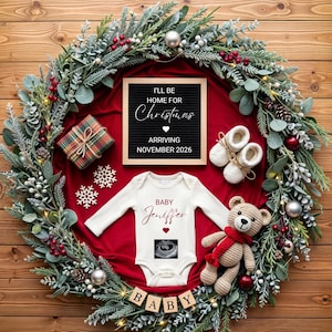 Faire-part de grossesse numérique de Noël, sexe neutre, faire-part de naissance prévu pour le nouvel an, modèle modifiable, je serai à la maison pour Noël