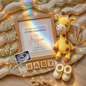 Regenbogen-Babyankündigung, digitale Schwangerschaft enthüllen bearbeitbare Vorlage, Regenbogen-Baby-Schwangerschaftsankündigung, Regenbogen-Baby offenbaren, gemütliches Baby