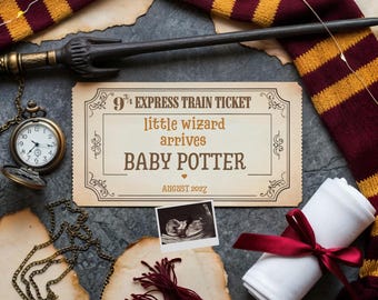 Wizard Train Ticket Pregnancy Announcement •  Express Canva Template • Future Wizard Baby Announcement, Little Witch Baby on the Way