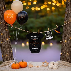 Faire-part de grossesse petite sorcière, faire-part de grossesse Halloween fille, c&#39;est une fille, faire-part de grossesse petite fille, sexe fille Canva