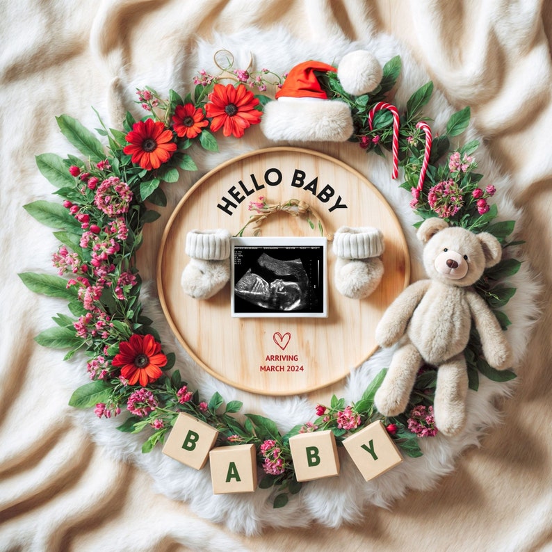 Christmas Pregnancy Announcement Digital, Canva Template, Post Baby