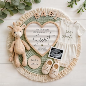 Faire-part de bébé non sexiste, faire-part de grossesse numérique girafe, modèle canva, révélation sur les réseaux sociaux, révélation de grossesse bohème secrète