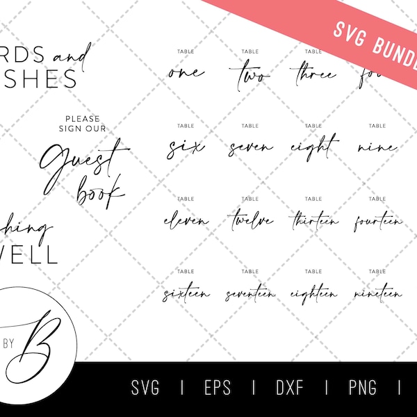 Wedding Signage SVG Bundle | Table Numbers, Wishing Well, Cards and Wishes, Guest Book | svg, pdf, dxf, png, jpg | Printable | Download