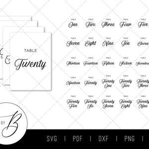 May include: A set of printable table number cards for a wedding or party. The cards feature a simple, elegant design with the words "Table" and the number in a script font. The numbers range from one to thirty.