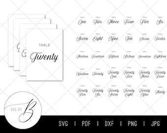 May include: A set of printable table number cards for a wedding or party. The cards feature a simple, elegant design with the words "Table" and the number in a script font. The numbers range from one to thirty.
