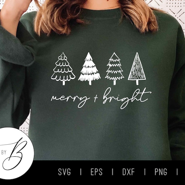 Merry + Bright Christmas Trees SVG File | Christmas Illustration SVG | svg, eps, dxf, png, jpg | Cut file