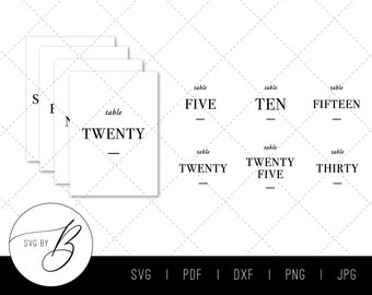 May include: A set of ten table number cards for a wedding or event. The cards are white with black text and feature the numbers five, ten, fifteen, twenty, twenty-five, and thirty.