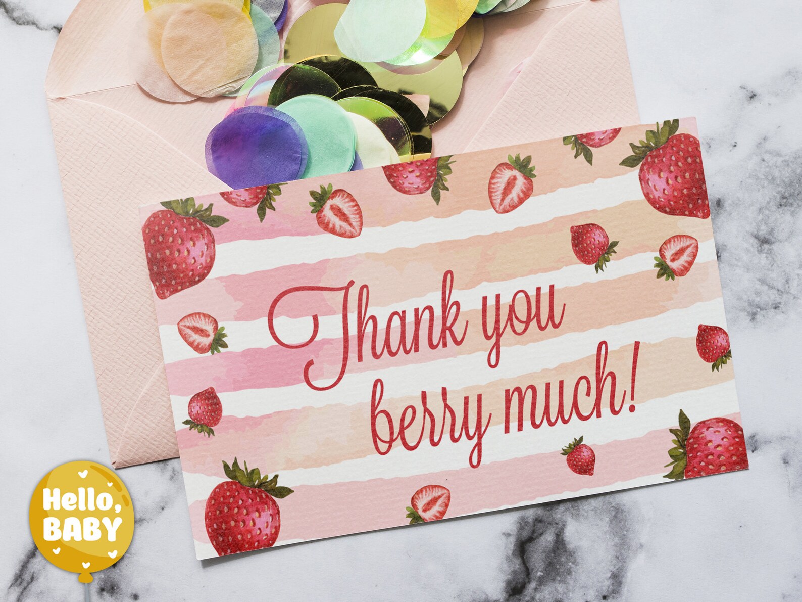 Strawberry Birthday Thank You Card, Printable Thank You Note