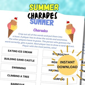 Printable Summer Charades Game | Summer Activity for Kids and Adults | Party Games | Summer Game | Family Game | Summertime Game
