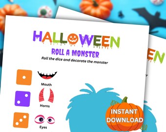 Könnte beinhalten: Ein druckbares Halloween-Spiel für Kinder. Das Spiel heißt "Roll a Monster". Das Spiel beinhaltet ein Monster mit einem blauen Körper, einem Mund, Hörnern und Augen. Das Spiel beinhaltet auch einen Würfel und Anweisungen, um den Würfel zu würfeln und das Monster zu dekorieren.