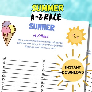 Printable Summer A-Z Race | Summer Activity for Kids and Adults | Party Games | Summer Game | Family Game | Summertime Game