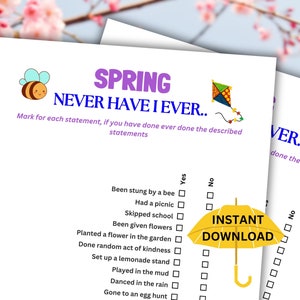 Druckbare Frühling Never Have I Ever Spiel für Kinder | Frühlingsparty Spiel | Kinderaktivität | Familienspiel | Spiele für Kinder
