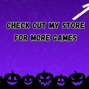 May include: Purple background with a white arrow pointing up and the text "CHECK OUT MY STORE FOR MORE GAMES".  At the bottom of the image are eight black silhouettes of jack-o'-lanterns.