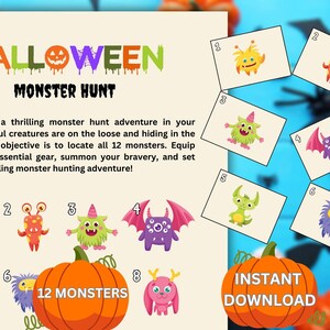 May include: A printable Halloween monster hunt game with 12 monsters to find. The game includes a pumpkin with the text "12 Monsters" and a set of cards with numbers 1 through 6, each featuring a different monster.