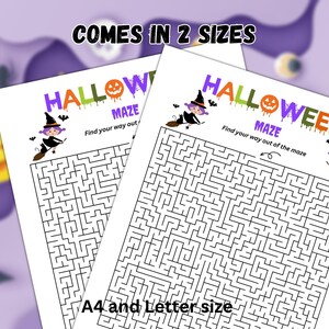 May include: Two printable Halloween maze activity sheets featuring a witch flying on a broomstick. The text reads "Halloween Maze" and "Find your way out of the maze". The mazes are available in A4 and Letter sizes.