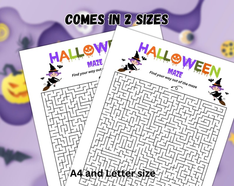 May include: Two printable Halloween maze activity sheets featuring a witch flying on a broomstick. The text reads "Halloween Maze" and "Find your way out of the maze". The mazes are available in A4 and Letter sizes.