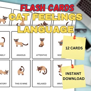 Può includere: Un set di 12 flash card stampabili con illustrazioni di gatti in diverse pose, ognuna delle quali rappresenta un diverso sentimento felino. Le carte includono parole come "amichevole", "ansioso", "attento", "predatore", "questo è mio", "rilassato" e "irritato".