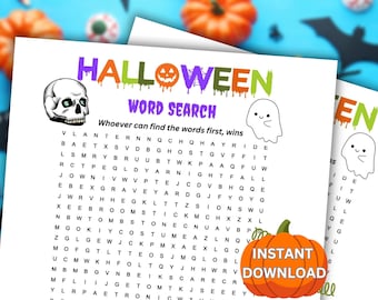 Op de afbeelding: Een printbare Halloween-woordzoeker met een spook en een schedel. De puzzel bevat de woorden: ride, ghost, fall, grave, broom, costume, night, trick, en meer. De tekst "Wie de woorden als eerste vindt, wint" staat bovenaan de puzzel. De woorden zijn verborgen in een rooster met letters. De tekst "Direct downloaden" staat in de rechterbenedenhoek van de afbeelding.