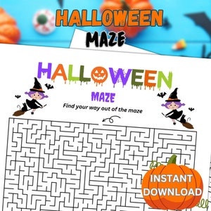 May include: Printable Halloween maze activity featuring a witch flying on a broomstick with a black cat. The maze is designed for kids and includes the text "Halloween Maze" and "Find your way out of the maze".
